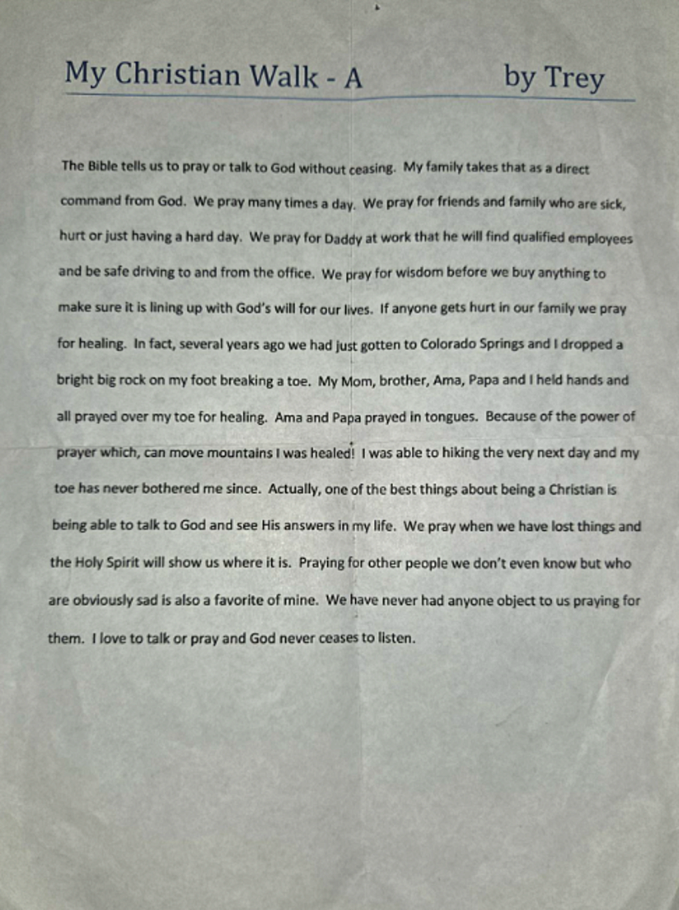 Handwritten essay: My Christian Walk – A, by Trey (enlarged)