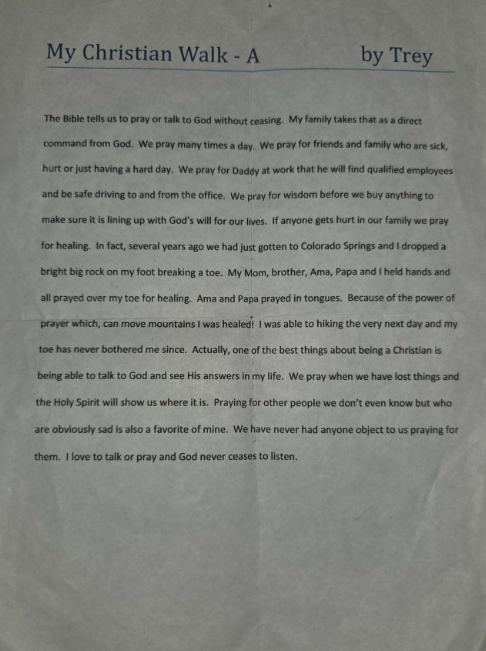 Handwritten essay: My Christian Walk – A, by Trey